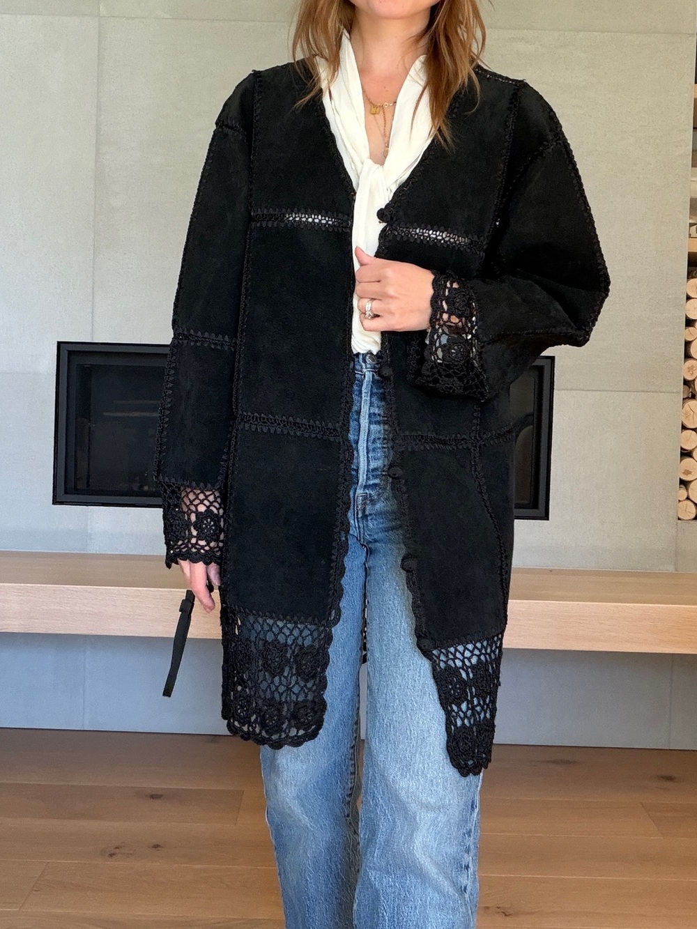 Real Suede Crochet-Trim Whimsigoth black boho jacket